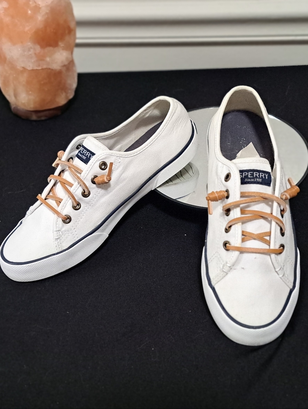 Sperry Women’s White Canvas Sneakers with Tan Lace Detail and Navy Trim
